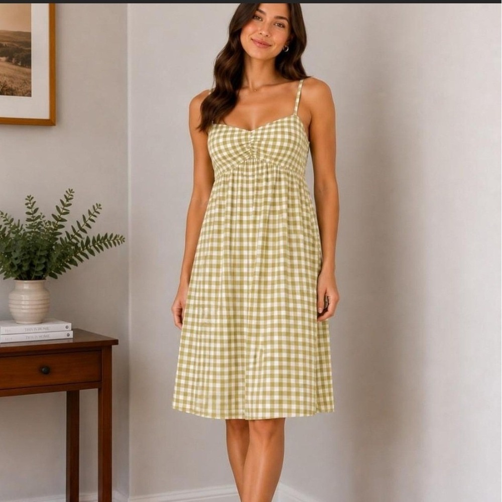 SO Green Gingham Plaid Cinch Front Babydoll Mini Dress Cutout Back Womens Medium